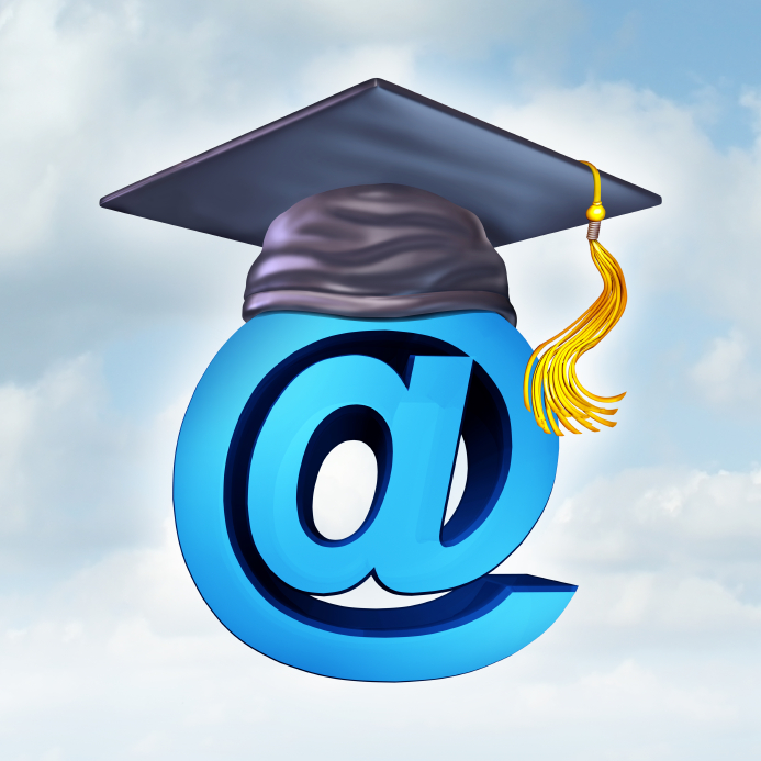 Internet education concept as a three dimensional image of an ampersand wearing a graduation mortar cap as a symbol of new online learning tools and computer educational progrms.