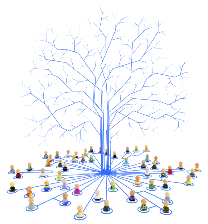 Crowd of small symbolic figures linked by lines, isolated, over white, 3d illustration